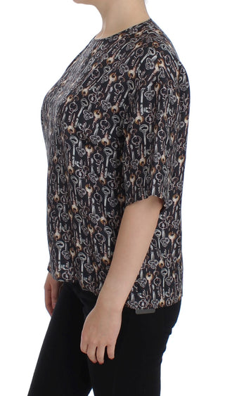 Grau-Goldener Schlüssel-Print Seidenbluse T-Shirt