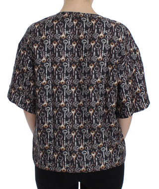 Grau-Goldener Schlüssel-Print Seidenbluse T-Shirt