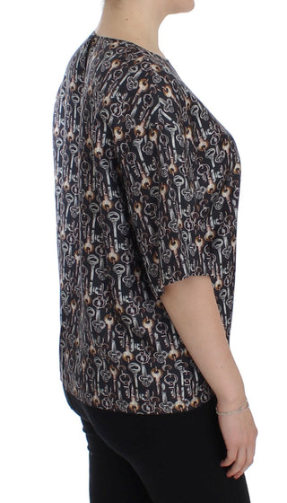 Grau-Goldener Schlüssel-Print Seidenbluse T-Shirt