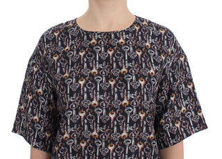 Grau-Goldener Schlüssel-Print Seidenbluse T-Shirt