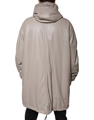 Beige Full Zip Hooded Long Sleeves Casual Coat Jacket