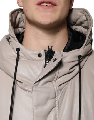 Beige Full Zip Hooded Long Sleeves Casual Coat Jacket