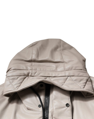 Beige Full Zip Hooded Long Sleeves Casual Coat Jacket