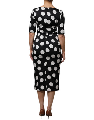 Vestido midi negro y blanco de seda con lunares y corte recto  