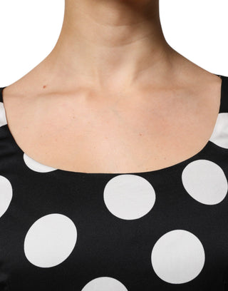 Vestido midi negro y blanco de seda con lunares y corte recto  