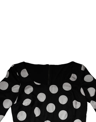 Vestido midi negro y blanco de seda con lunares y corte recto  