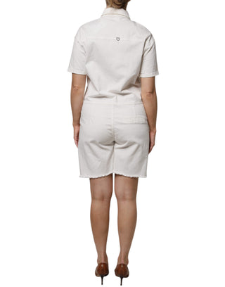 White Cotton Short Sleeves Button Down Romper Dress