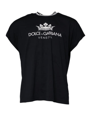 Camiseta de algodón con cuello redondo y corona de logo azul oscuro