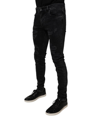 Jeans ajustados de mezclilla para hombre de algodón negro desgastado