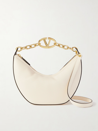 Kleine Hobo-Schultertasche mit Vlogo aus elfenbeinfarbenem Leder