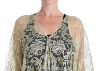Gold Floral Lace Crystal Gown Cape Dress