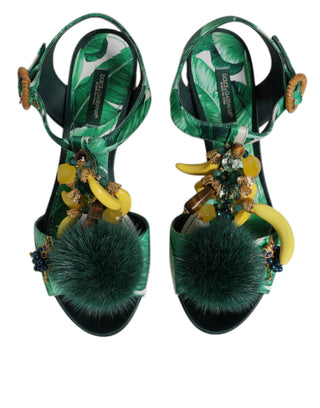 Green Crystal Fur Embellished Sandals Shoes