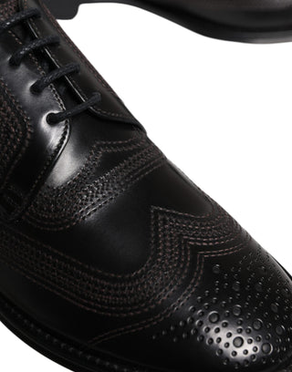 Black Embroidered Classic Leather Derby Dress Shoes