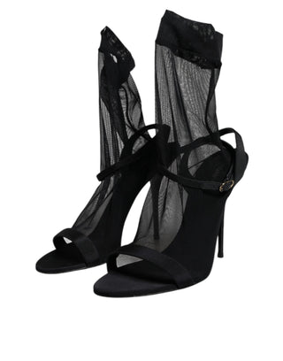 Black Tulle Stretch Heels Sandals Shoes