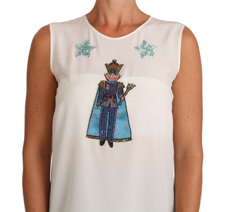 Weißes Seiden-T-Shirt mit Pailletten und Kristall-Feenmotiv