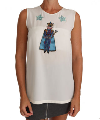 Weißes Seiden-T-Shirt mit Pailletten und Kristall-Feenmotiv