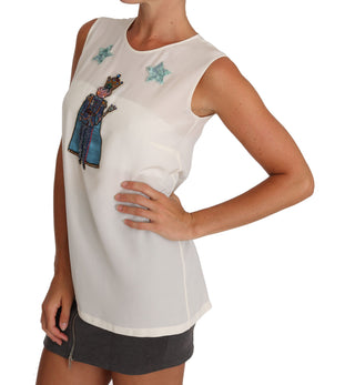Weißes Seiden-T-Shirt mit Pailletten und Kristall-Feenmotiv
