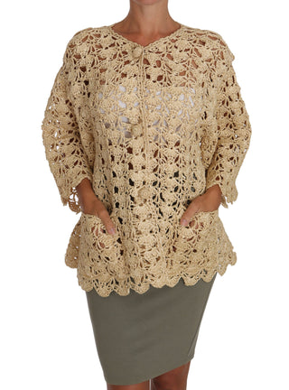 Beigefarbener Strickcardigan aus Häkelraffia
