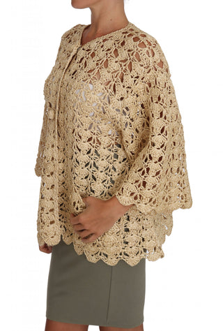Beigefarbener Strickcardigan aus Häkelraffia