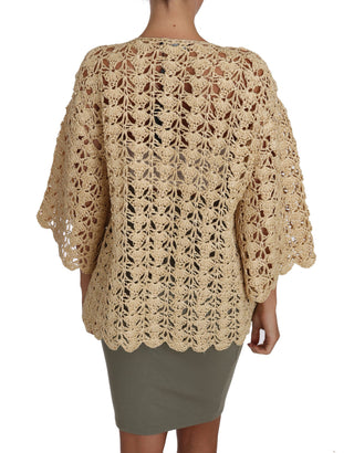 Beigefarbener Strickcardigan aus Häkelraffia