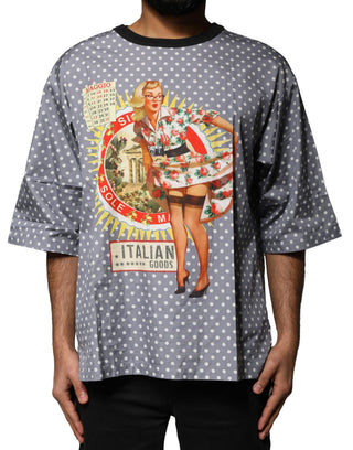 Graues Polka-Dot Pin-up Print Rundhals-T-Shirt