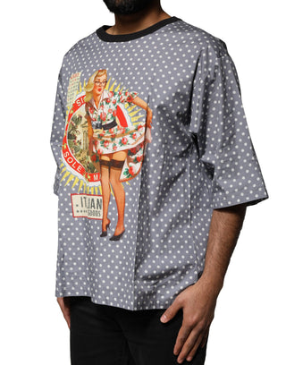 Graues Polka-Dot Pin-up Print Rundhals-T-Shirt