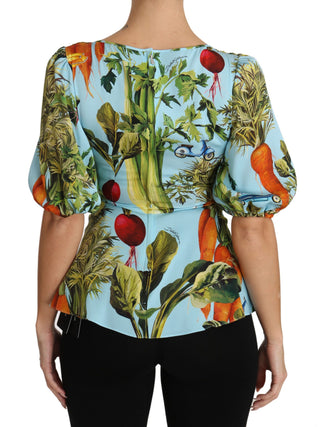 Mehrfarbiges Oberteil aus Seide mit Gemüseprint, Schößchen und Wickelbluse