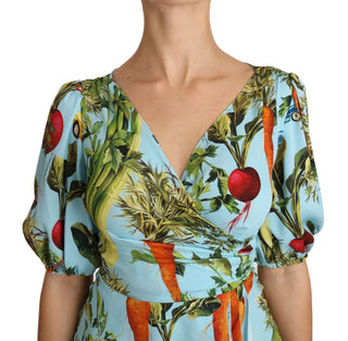 Mehrfarbiges Oberteil aus Seide mit Gemüseprint, Schößchen und Wickelbluse