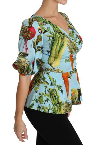 Mehrfarbiges Oberteil aus Seide mit Gemüseprint, Schößchen und Wickelbluse