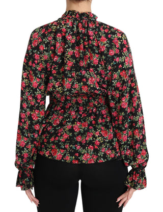 Schwarze Rose Print Bluse Hemd Top