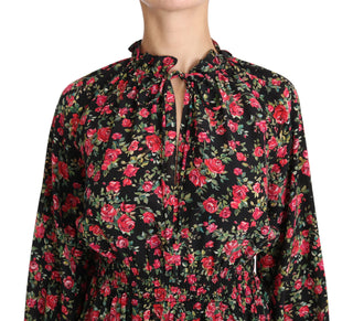 Schwarze Rose Print Bluse Hemd Top