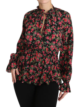 Schwarze Rose Print Bluse Hemd Top