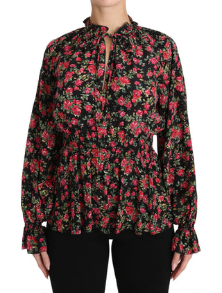 Schwarze Rose Print Bluse Hemd Top
