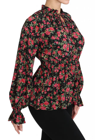 Schwarze Rose Print Bluse Hemd Top