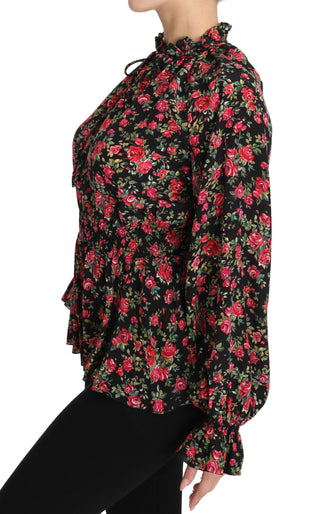 Schwarze Rose Print Bluse Hemd Top