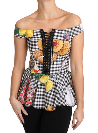 Blusa corset blanca y negra con estampado de limones de Sicilia