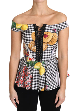 Blusa corset blanca y negra con estampado de limones de Sicilia