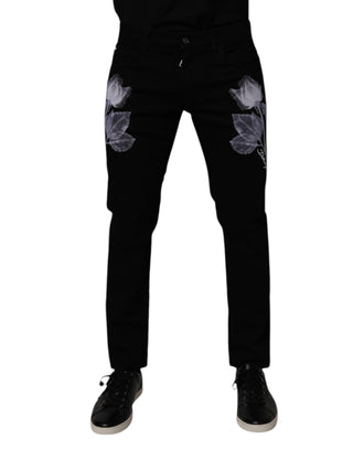 Jeans ajustados negros con flores de algodón para hombre