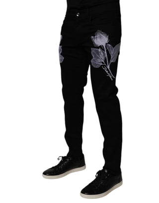 Jeans ajustados negros con flores de algodón para hombre