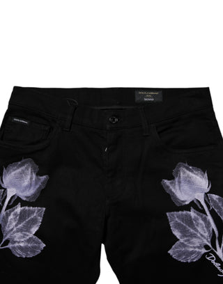 Jeans ajustados negros con flores de algodón para hombre
