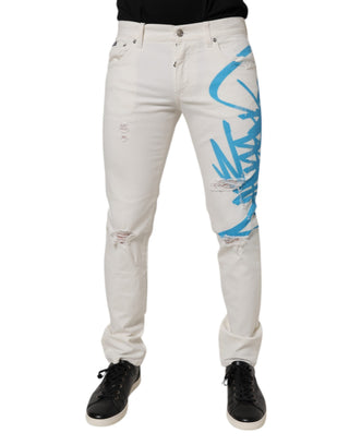 Weiße zerrissene Jeans mit Graffiti-Print