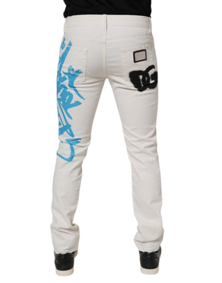 Weiße zerrissene Jeans mit Graffiti-Print