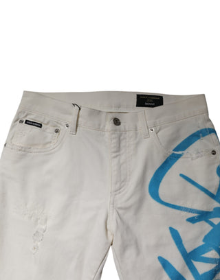 Weiße zerrissene Jeans mit Graffiti-Print