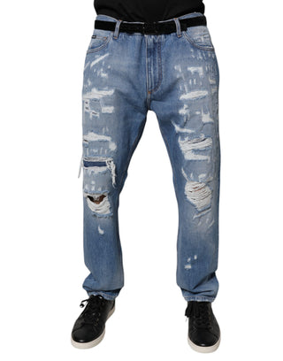 Blaue zerrissene Jeans aus Baumwoll-Denim im Straight Fit