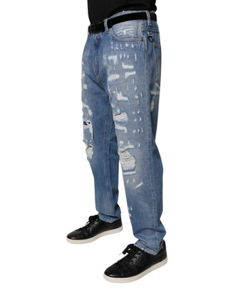 Blaue zerrissene Jeans aus Baumwoll-Denim im Straight Fit