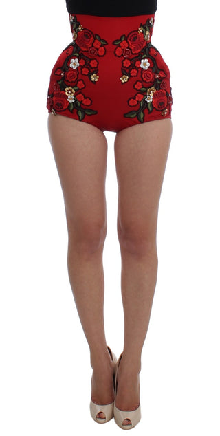 Pantalones Cortos de Seda Roja con Rosas Sicilia