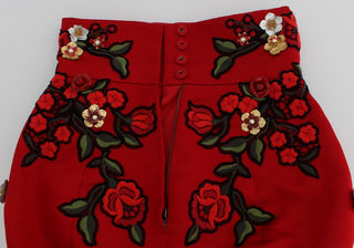 Pantalones Cortos de Seda Roja con Rosas Sicilia