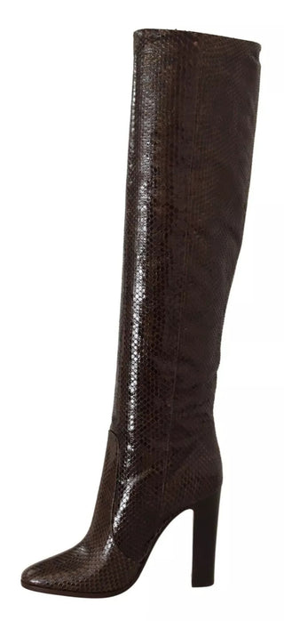 Braune exotische Leder-High-Heel-Stiefel