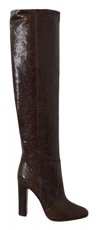 Braune exotische Leder-High-Heel-Stiefel