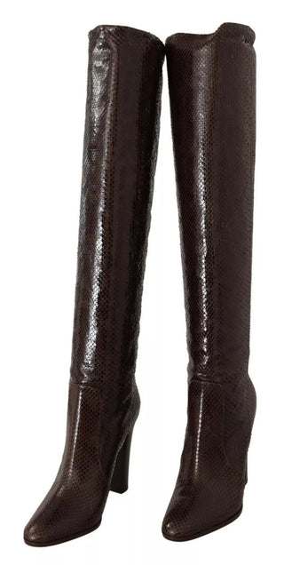 Braune exotische Leder-High-Heel-Stiefel